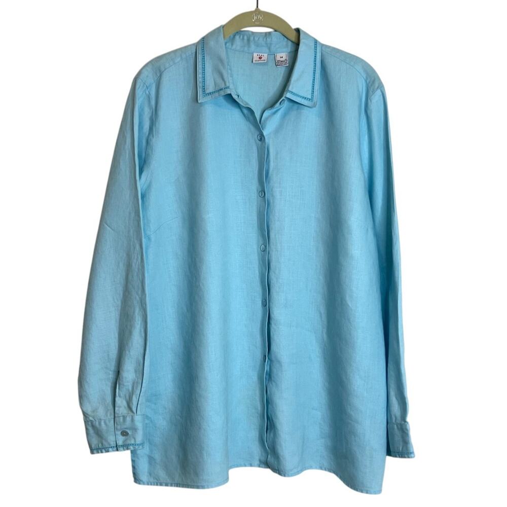 Real Clothes Womens Linen Button Up Blouse Size 14 Aqua 100% Linen